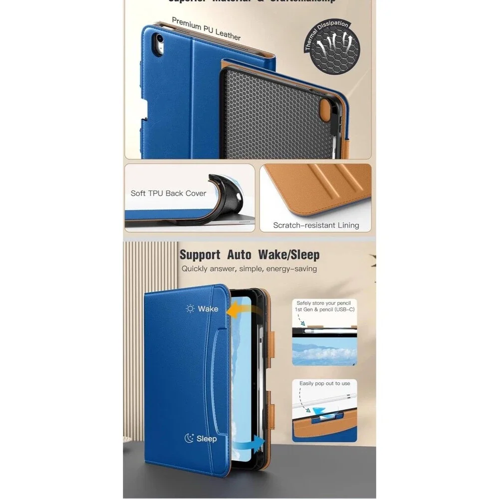 MoKo Case for iPad (A16) 11th iPad 11/10th Gen Blue Leather Pencil Holder Pocket